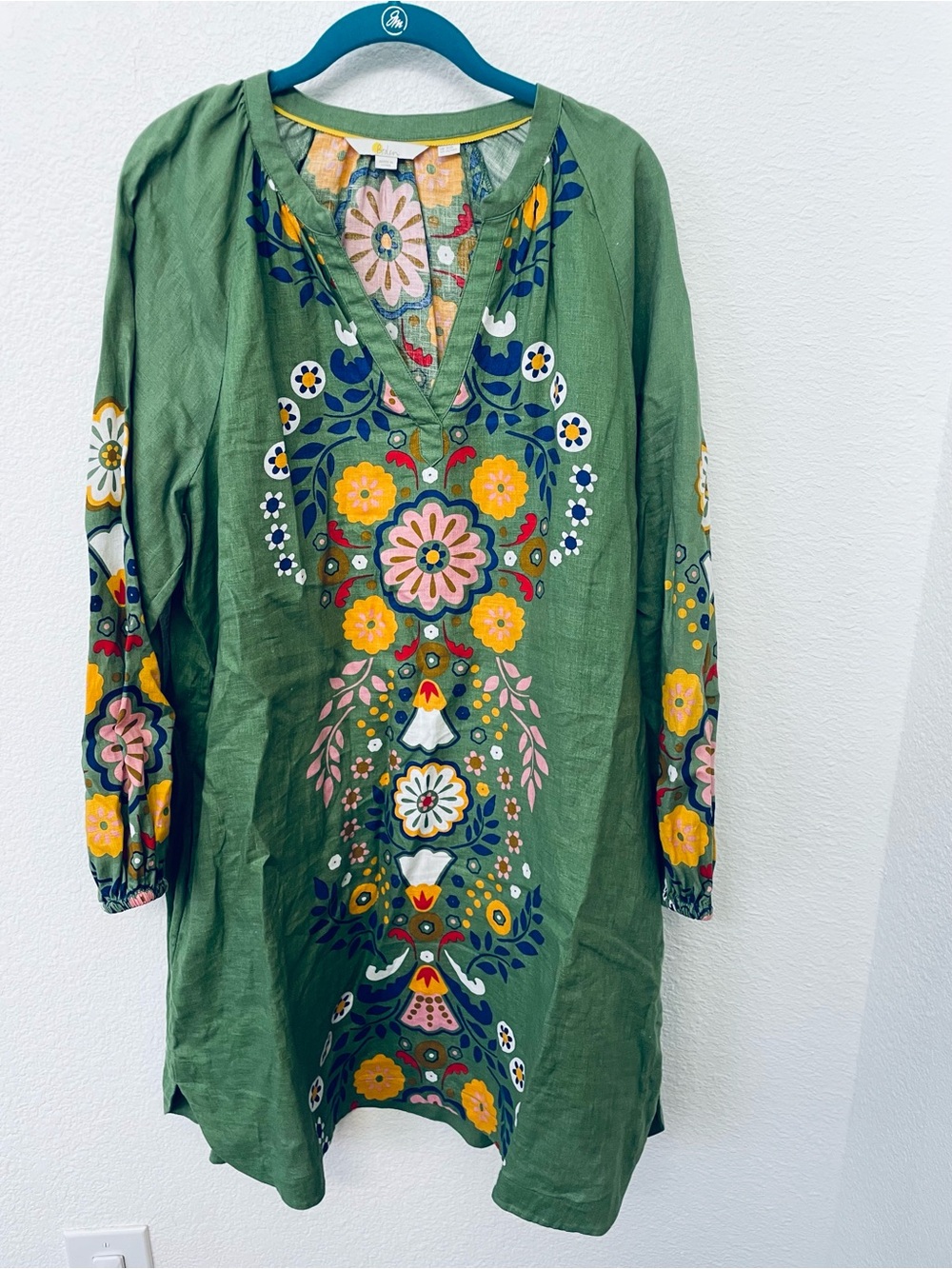 Boden Green Embroidered Floral V-Neck Long Sleeve Dress